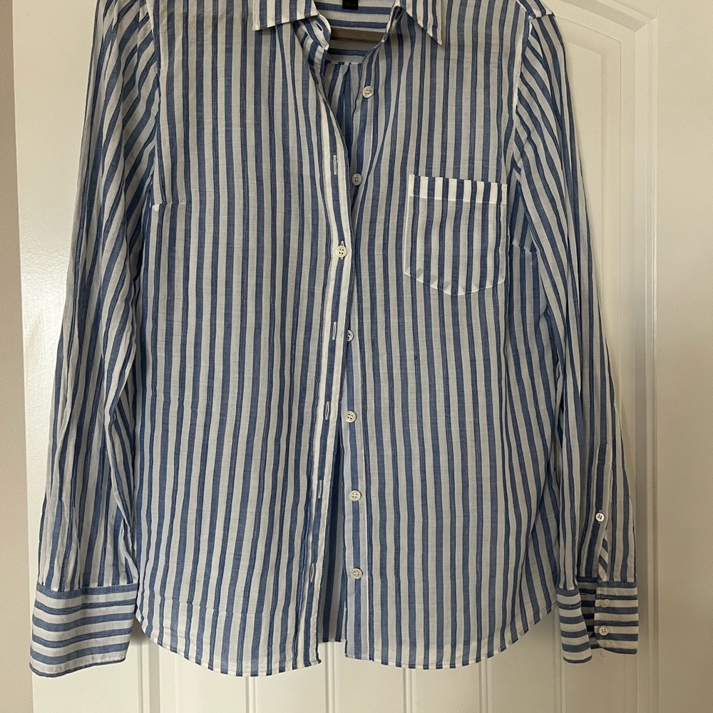 White and blue striped J Crew shirt
